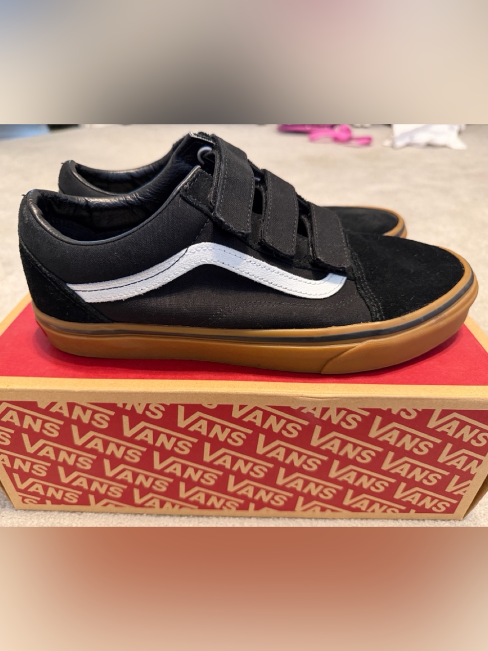 Vans Black White Old Skool Sneakers with Gum Sole and Velcro Straps